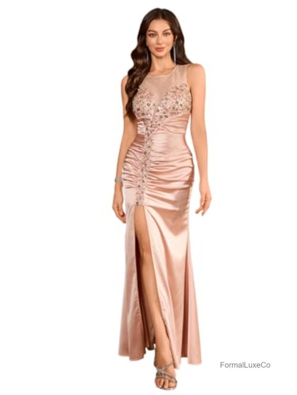 Satin Bodycon Formal Dress Beaded Glitter Sleeveless High Split Prom Evening